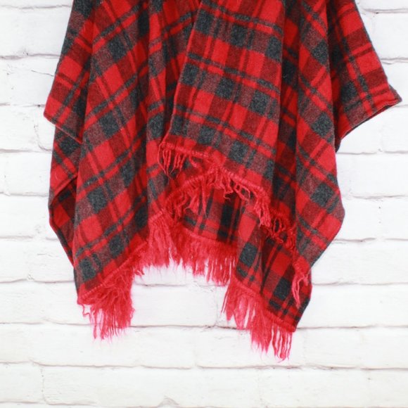 Diane Kirkup Red Flannel Poncho Fringe Hem Wrap Sweater Size OS - Picture 3 of 8